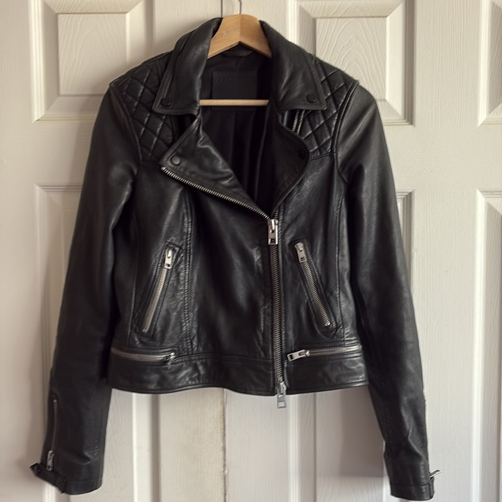 All Saints Conroy Sheep Leather Biker Jacket - Picture 7 of 14